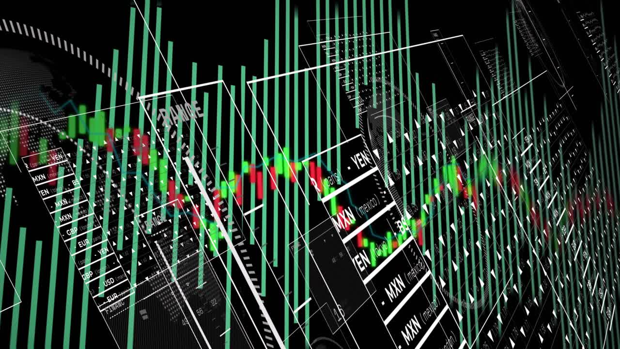 Data pulse moving candlestick, teal bars rising and falling, panels sliding, showing market data