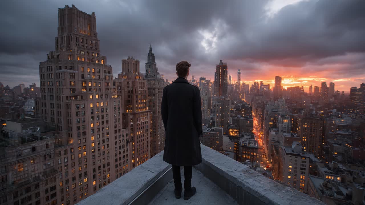 A Thoughtful Observer Gazes Over a Majestic Cityscape at Dusk, Capturing a Moment of Reflection Amidst the Urban Glow of a Vibrant Metropolis