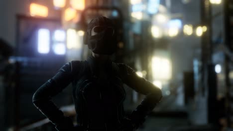 futuristic cyberpunk style young woman with neon bokeh lights