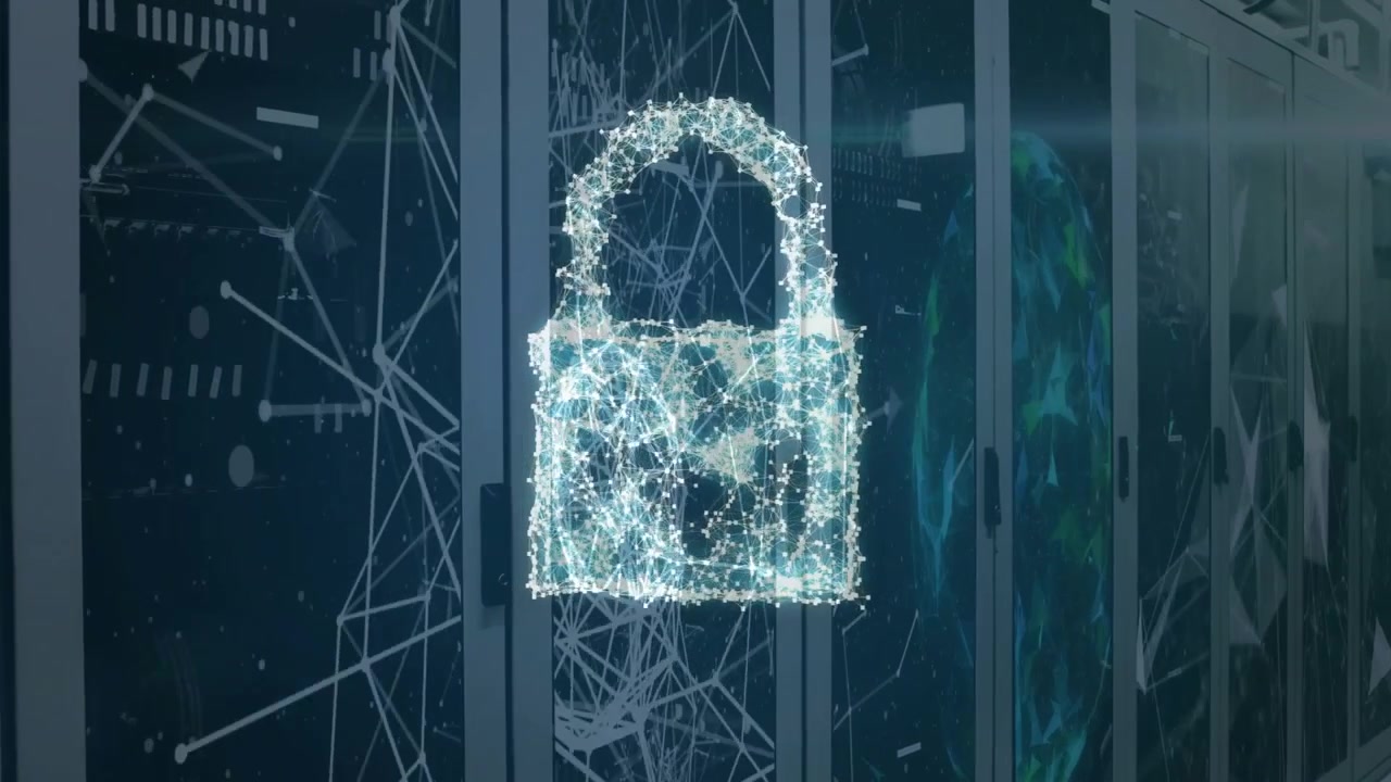nodes drifting into view merging into cloud morphing to padlock to shield showing data security