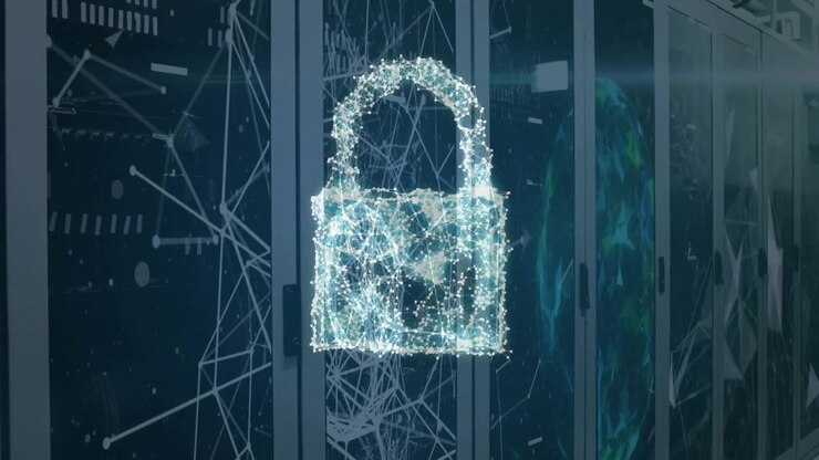 nodes drifting into view merging into cloud morphing to padlock to shield showing data security