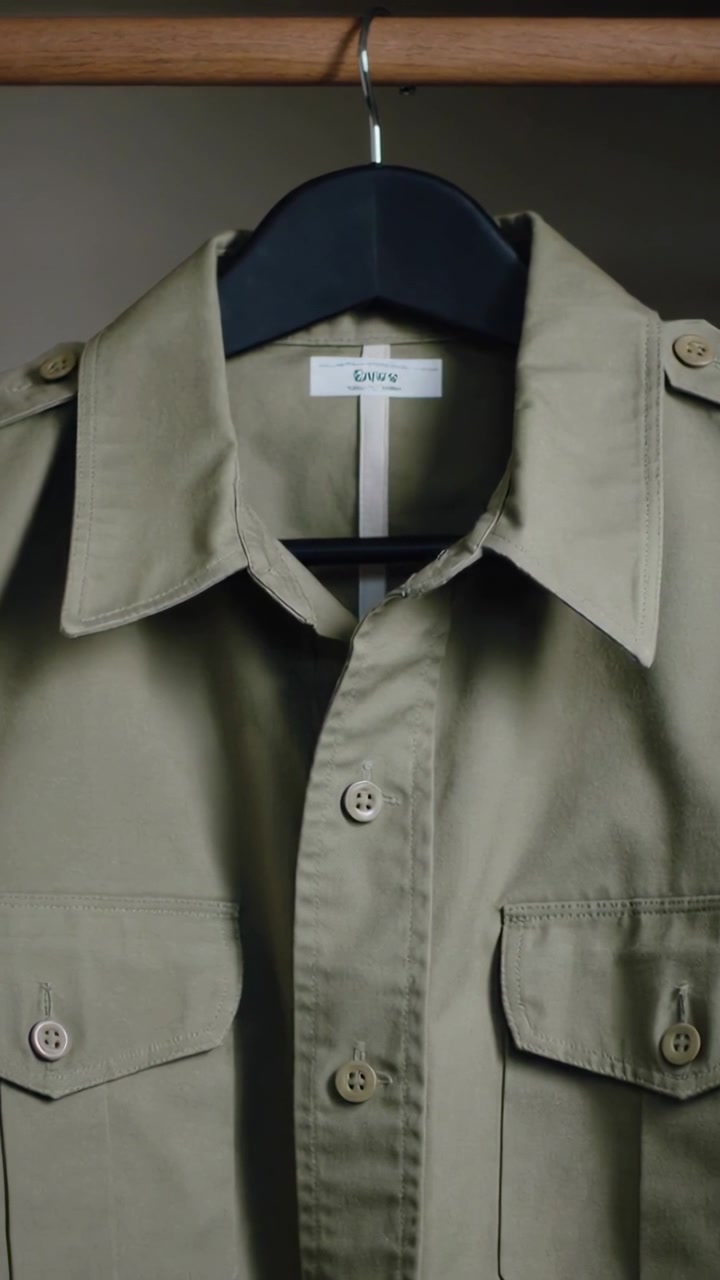 Video verticale: Camicia color kaki appesa che mostra colletto, tasche, spalline, etichetta nell'armadio per catalogo.