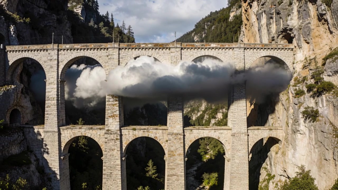 Treibende tiefe Wolke bewegt sich über steinernes mehrbogiges Viadukt an Bergschlucht, leichte Brise schiebt.