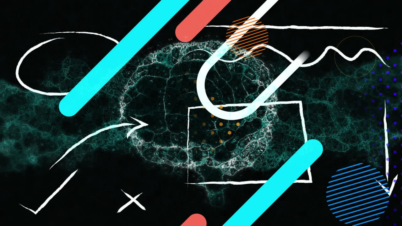 검은색 배경에서 회전하는 인간의 뇌에 대한 다채로운 추상적인 모양의 디지털 애니메이션