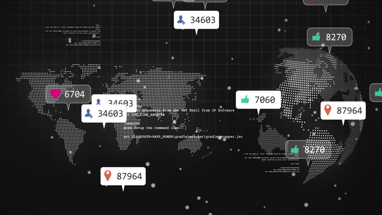 Animation of world map with social media icons overlaying digital grid in school