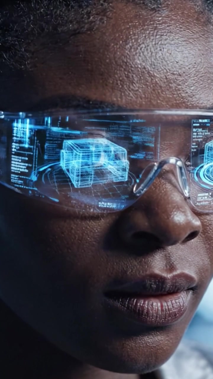 Uno scienziato concentrato con occhiali di sicurezza, che osserva una visualizzazione avanzata dei dati tramite tecnologia di realtà aumentata in un laboratorio futuristico, pronto per l'innovazione