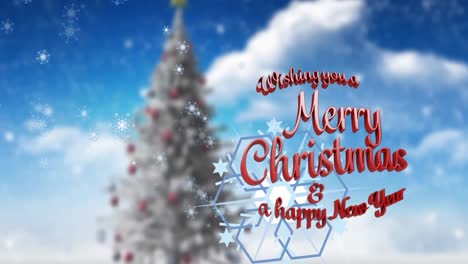 animation of merry christmas and a happy new year text over christmas tree and sky