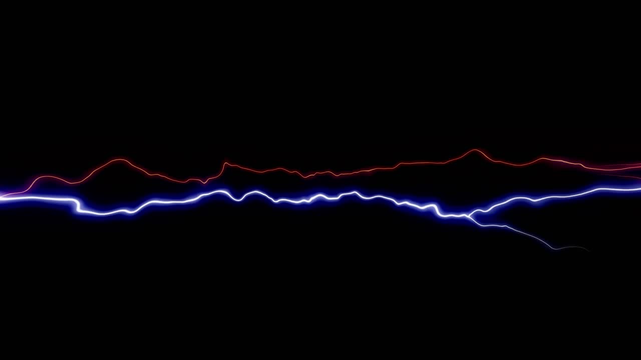 Two bolts of energy, one blue and one red, clash and crackle horizontally. Seamless loop for concepts of power, conflict, versus, or magic. Isolated on black background for overlay