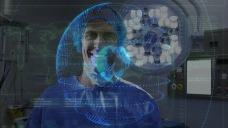 In operating room, surgeon interacting with digital brain animation, focused on task