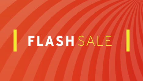 animation of flash sale text between lines over stripes against red and peach background