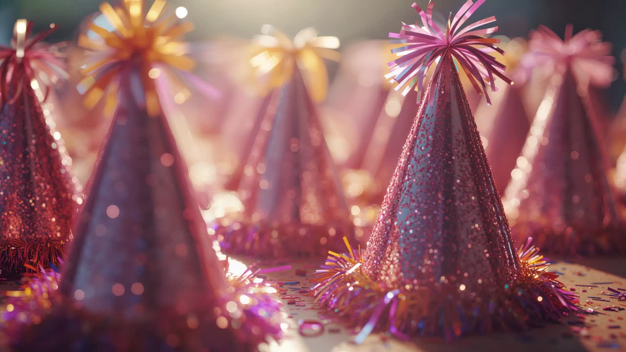 Camera panning glittery pink hat on tabletop, revealing fringe pompom and confetti for festive mood