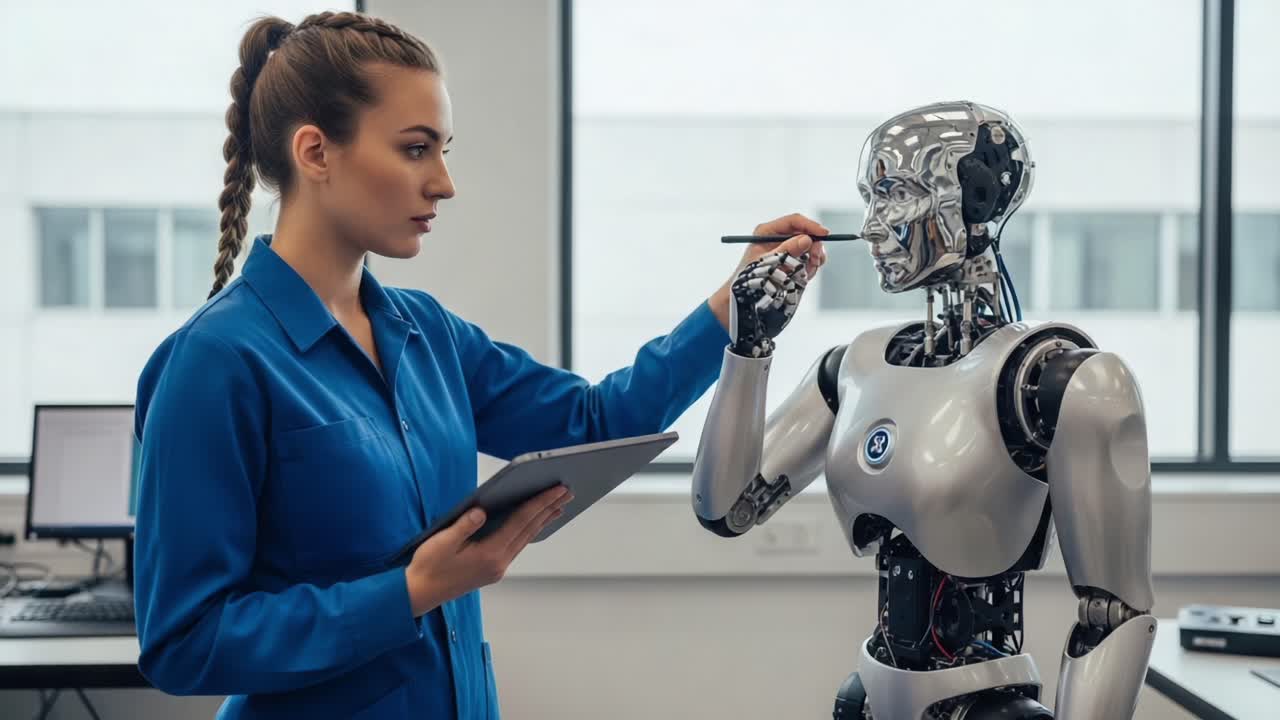 A futuristic interaction between a robotic figure and a technician, showcasing advanced AI technology and human-like robotic design in a modern laboratory setting