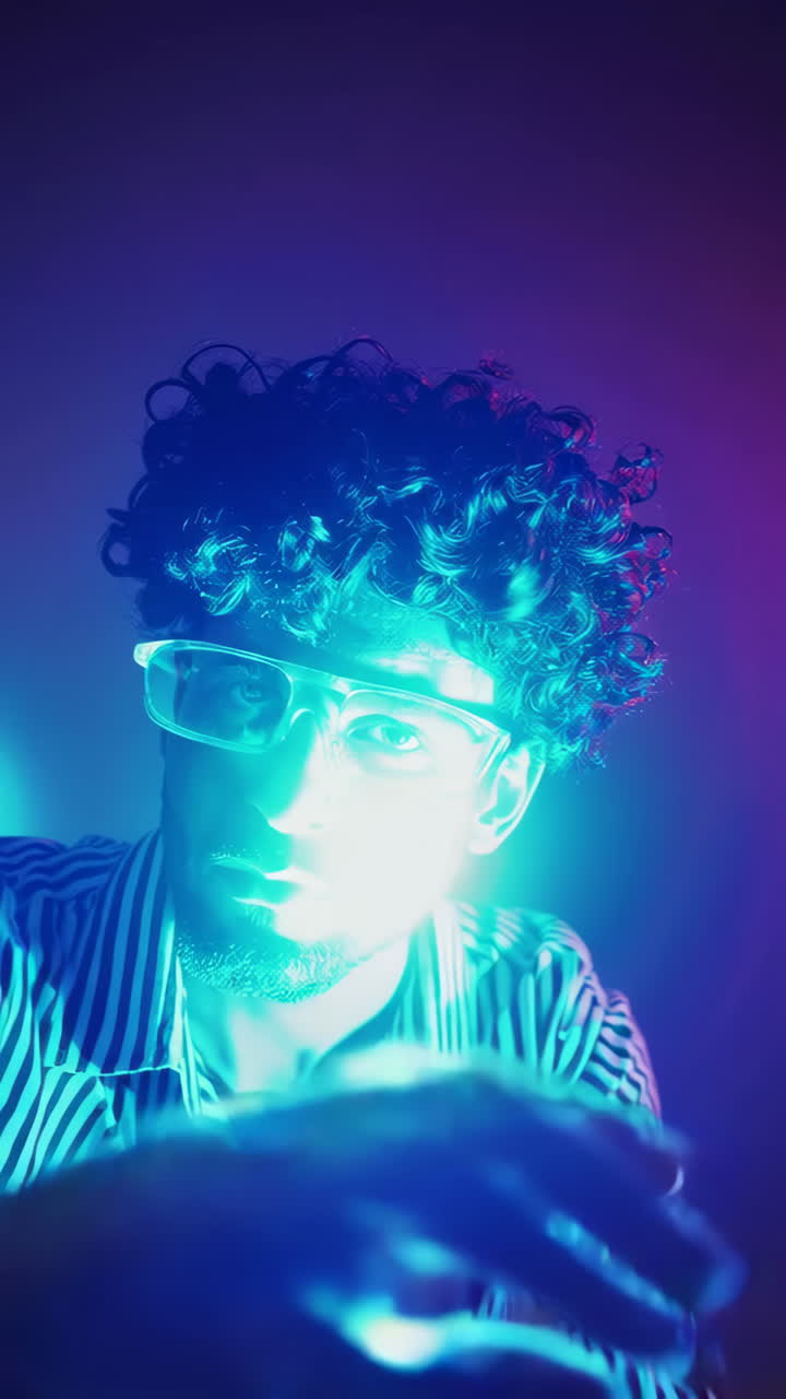 Man with Curly Hair and Glasses Under Neon Lighting