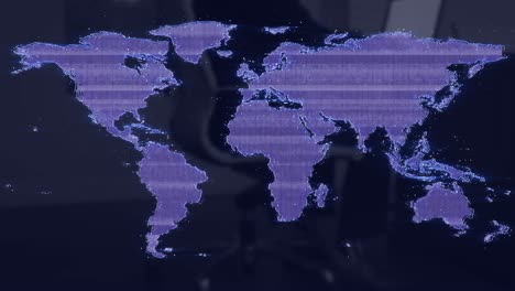 Animation-of-glitch-effect-over-world-map-against-empty-office