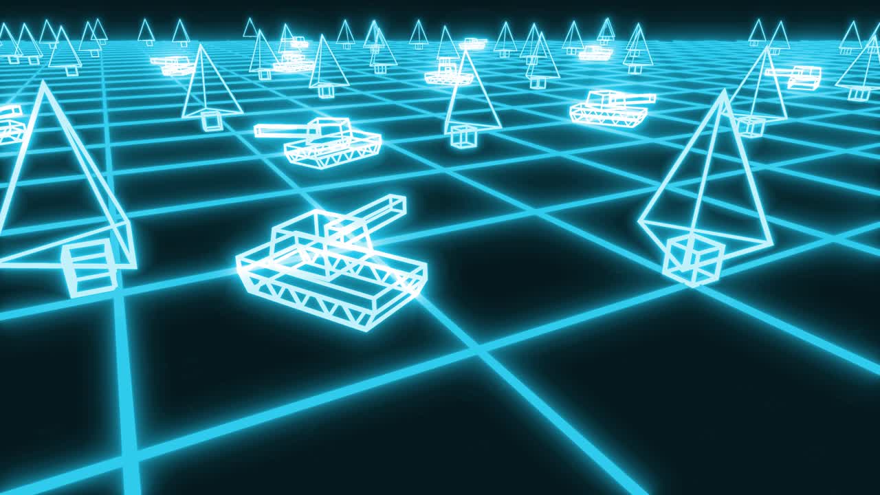 Retro 80s game tanks VHS tape video war battle vector arcade tron wireframe 4k