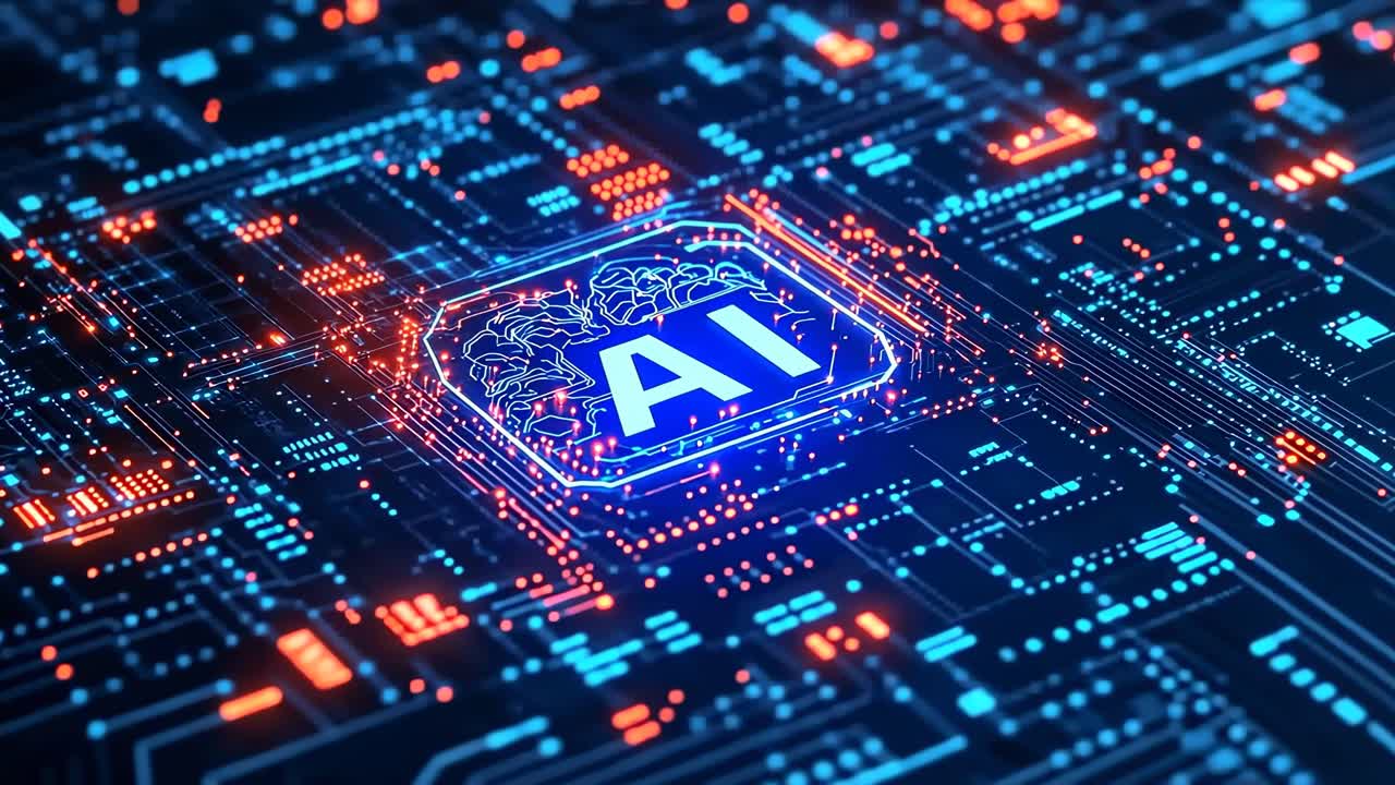 Futuristic video concept showing a top-down view of a glowing AI circuit board, featuring vibrant