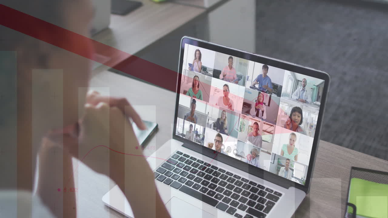 On laptop, virtual meeting with diverse participants, animation of data charts