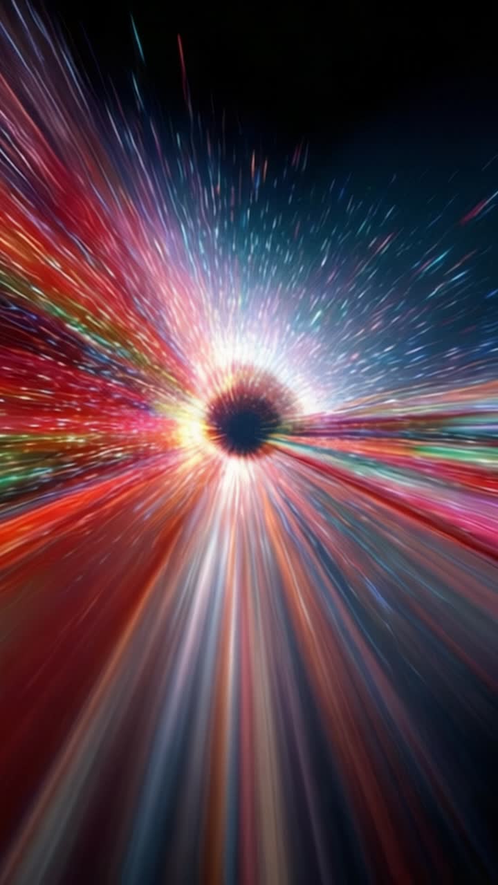 En fascinerende rejse gennem en hvirvel af farver, lys og energi, der fanger essensen af kosmisk bevægelse mod et gådefuldt sort hul i dens kerne