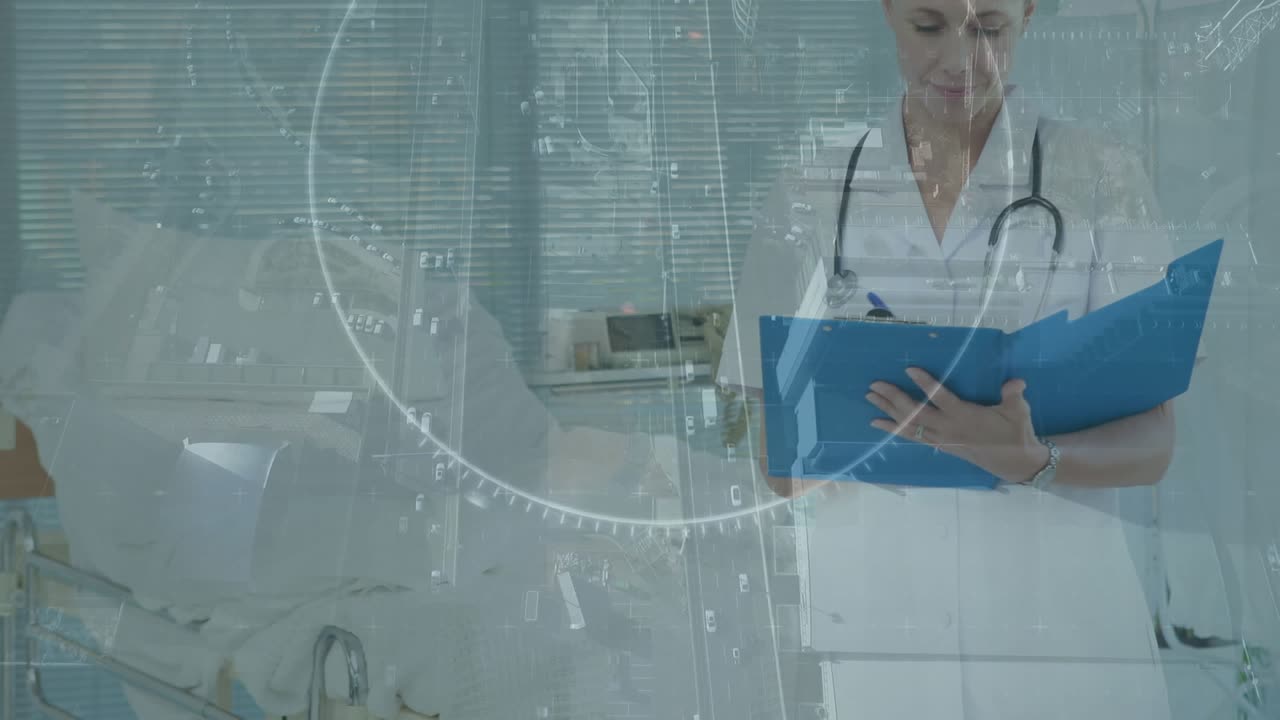 Animazione dell'elaborazione dati del virus Covid-19 su dottoressa
