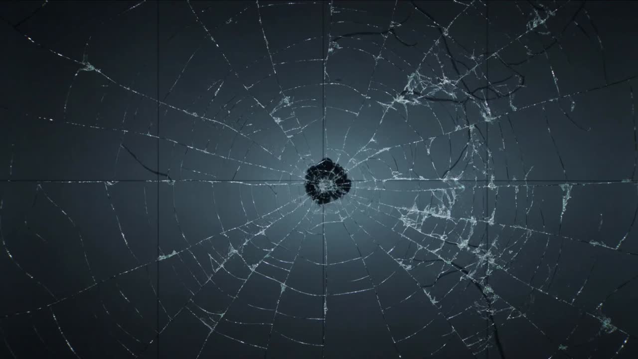Recording impact striking glass pane, fracturing at stage with backlight revealing right cluster