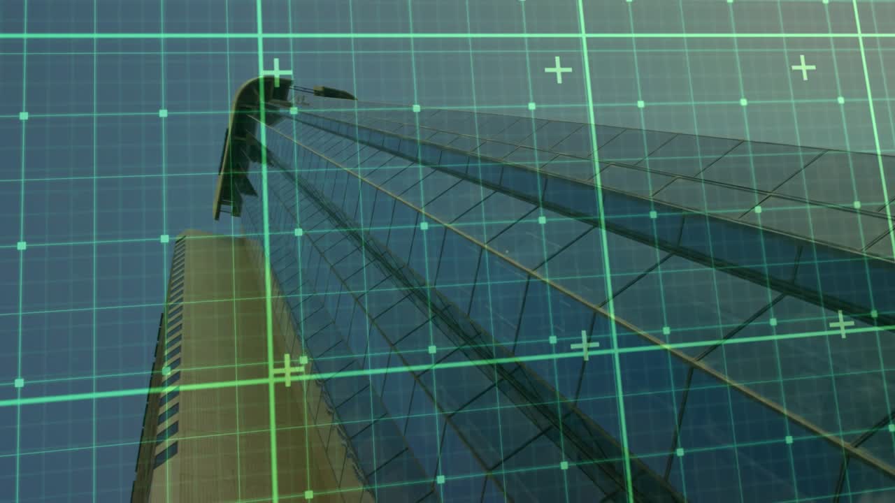 Green grid overlay activating, scanning and aligning over glass skyscraper for facade check
