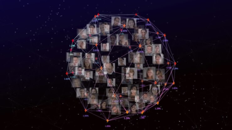 Video composito digitale di una rete di connessioni con numeri e immagini di persone
