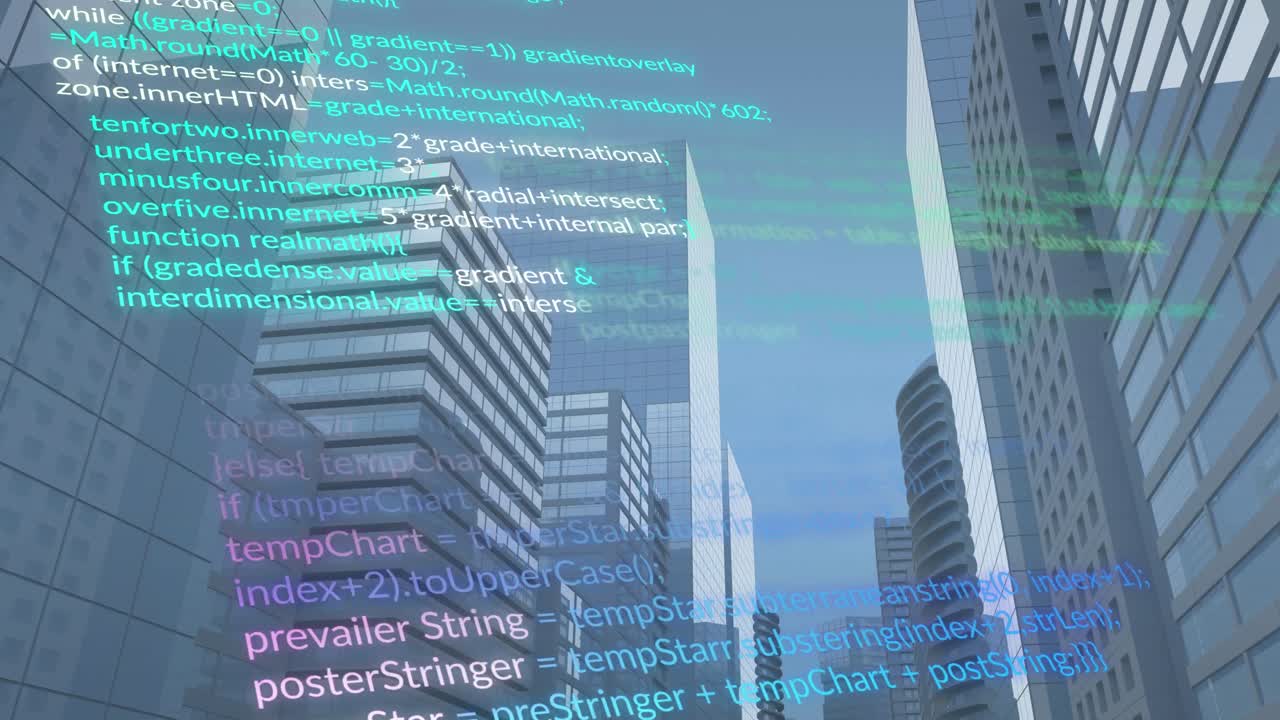 Animation of multicolored computer language over low angle view of modern buildings against sky