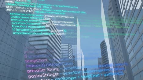 animation of multicolored computer language over low angle view of modern buildings against sky