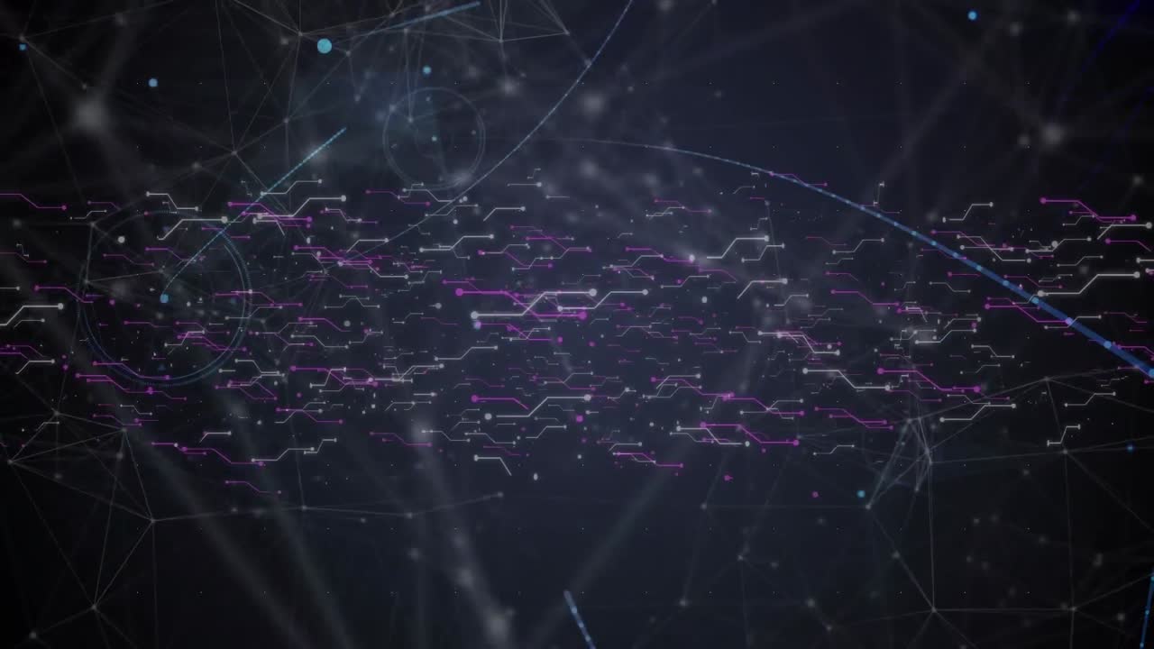 Digital animation of network of connections and light trails against black background