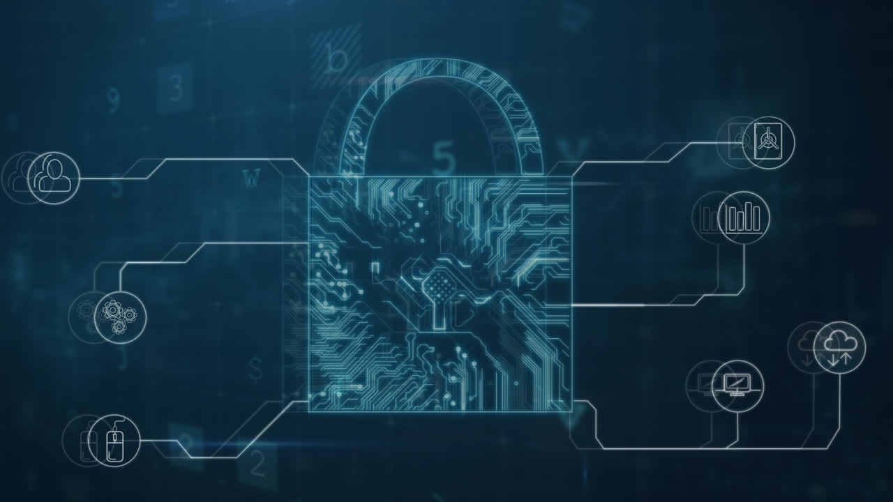 Animation of security padlock and data processing on dark background