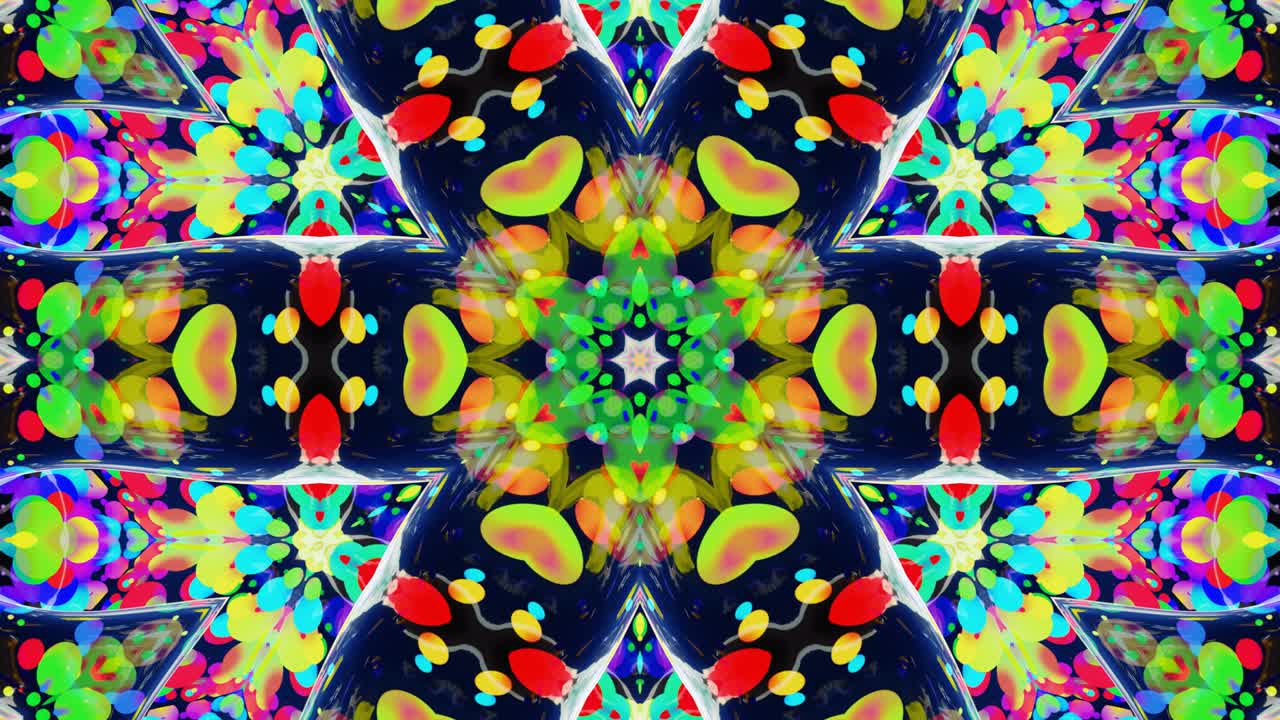 simetría estelar. efecto caleidoscopio de superficie líquida ondulada brillante con círculos distorsionados flotan como gotas de pintura en aceite. fondo creativo con gradiente multicolor en 4k. 3d