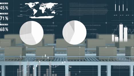 Statistical-data-processing-against-multiple-boxes-on-conveyor-belt-against-blue-background