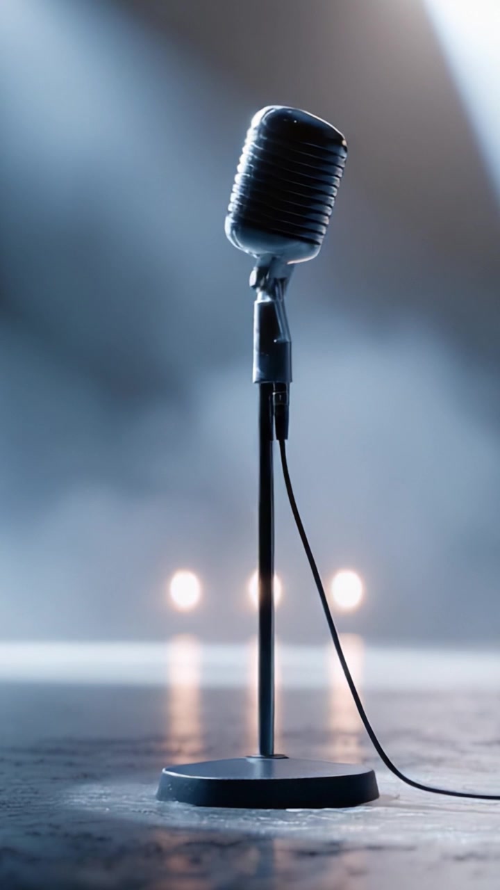 An Elegant Retro Microphone Set Against a Dramatic Backdrop of Soft Fog and Spotlight, Perfect for Live Performances and Vocal Showcases