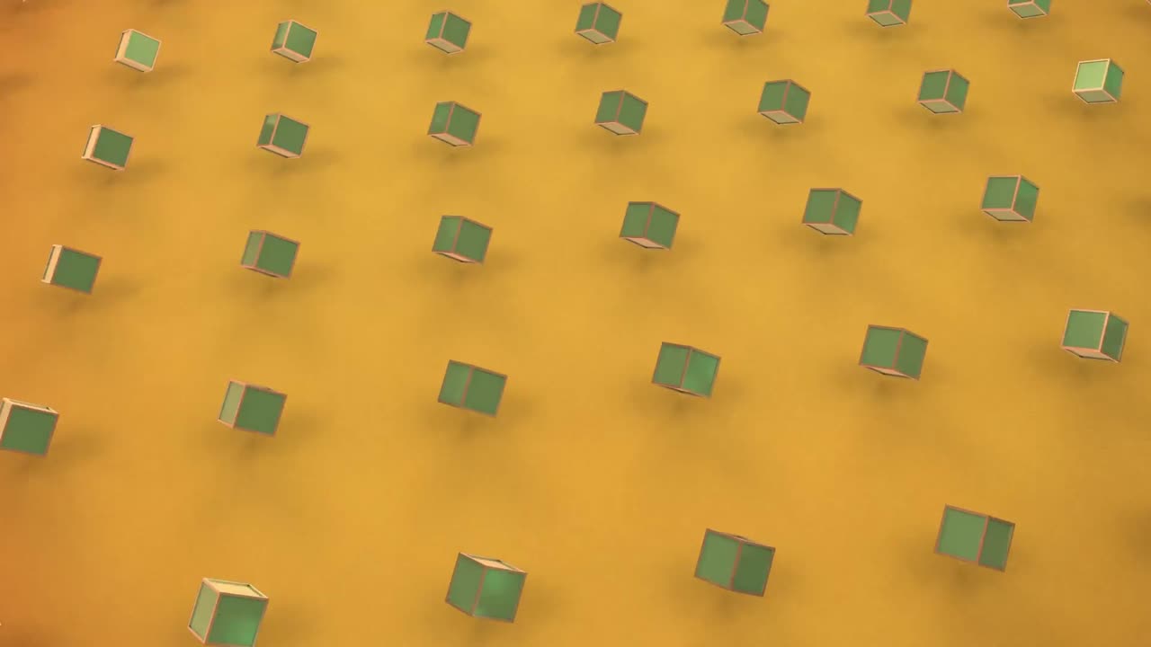 노란색 배경에 움직이는 3d 큐브