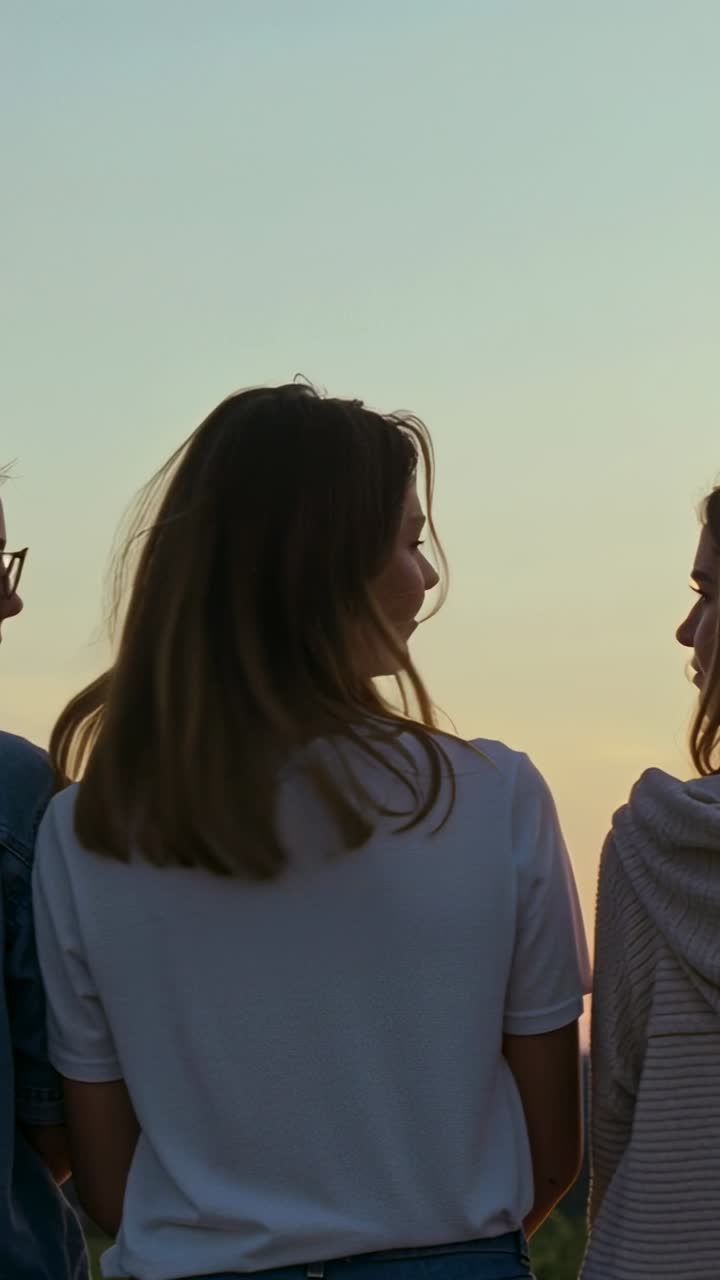 Tre donne in piedi di fronte all'orizzonte al tramonto, con i capelli della donna al centro che si spostano, facendole girare la testa, a scopo di marketing.