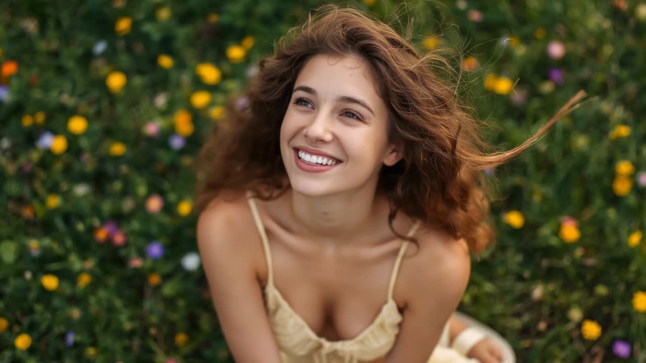 Smiling woman in beige sundress tilting for camera while breeze lifting hair on grass with flowers