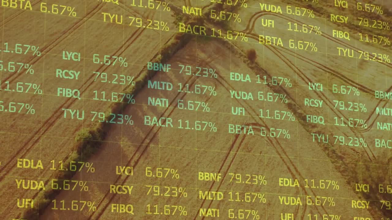 Animation der Finanzdatenverarbeitung über einem Agrarfeld