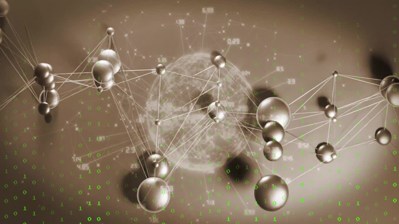 Animation of spheres connecting with lines and binary code over globe background