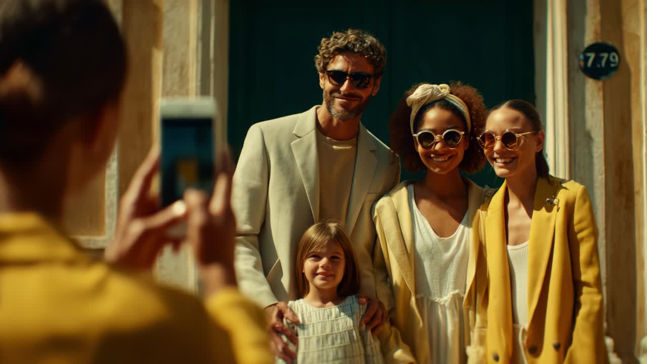 A joyful family gathering captured in vibrant sunlight, showcasing stylish outfits and happy smiles as they pose for a memorable photo in front of a charming door