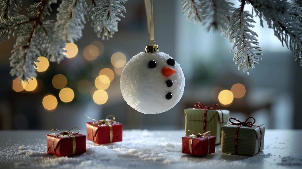 Un ornamento natalizio a forma di pupazzo di neve bianco che ruota lentamente mosso da una corrente d'aria sotto un ramo brinato sul tavolo, con regali