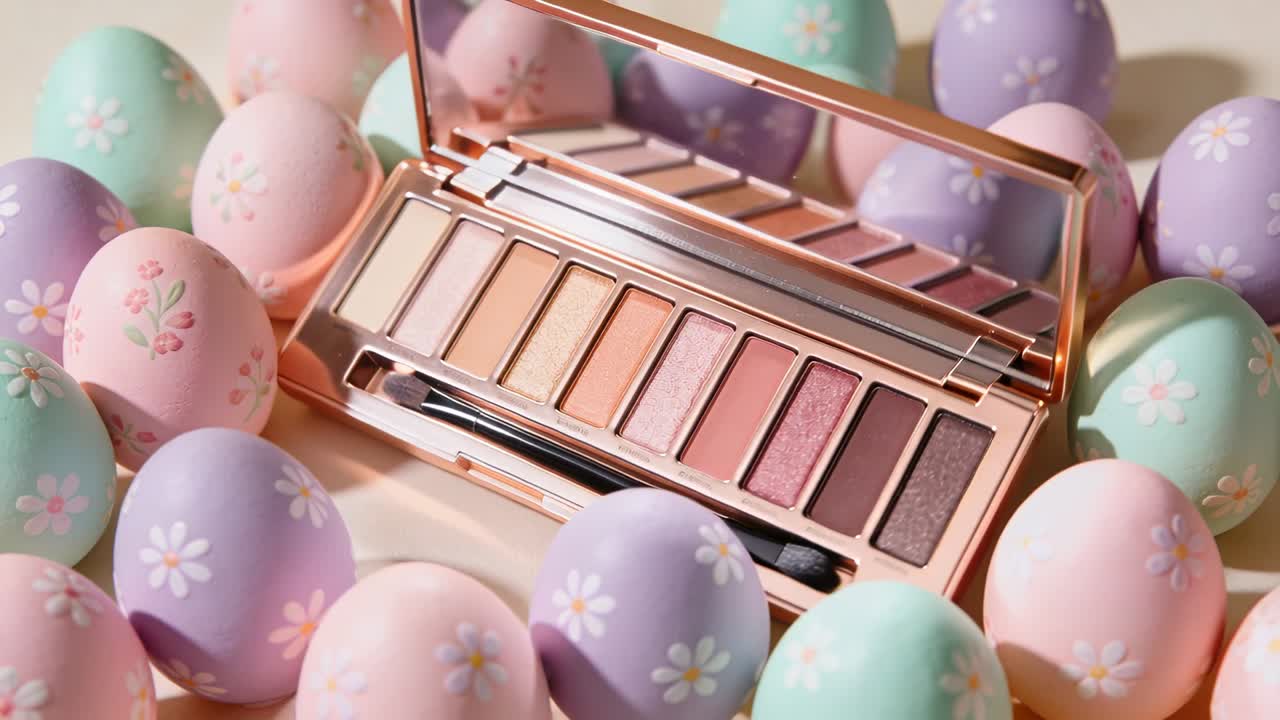 Moving camera causing rose-gold eyeshadow palette tilting on studio table, revealing pastel eggs