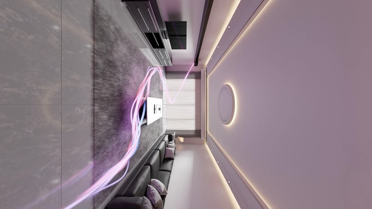 3d 렌더링 애니메이션에서 침대를 둘러싼 에너지 흐름과 함께 수직 현대 스튜디오 하우스 아파트 인테리어 디자인 개념