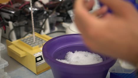 scientist prepares samples to be heated on a heatblock late at night