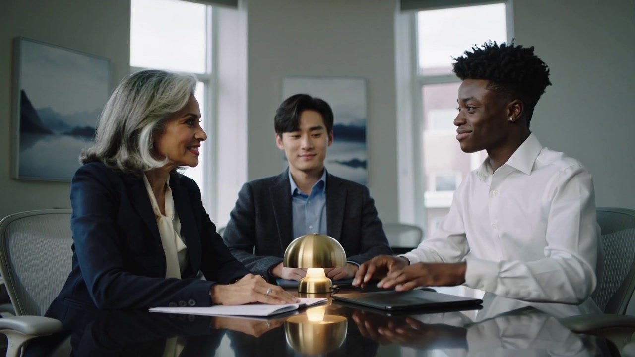 Reaching senior woman in blazer handing tablet across conference table for review, lit dome