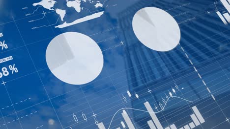 animation of statistical data processing against low angle view of tall building