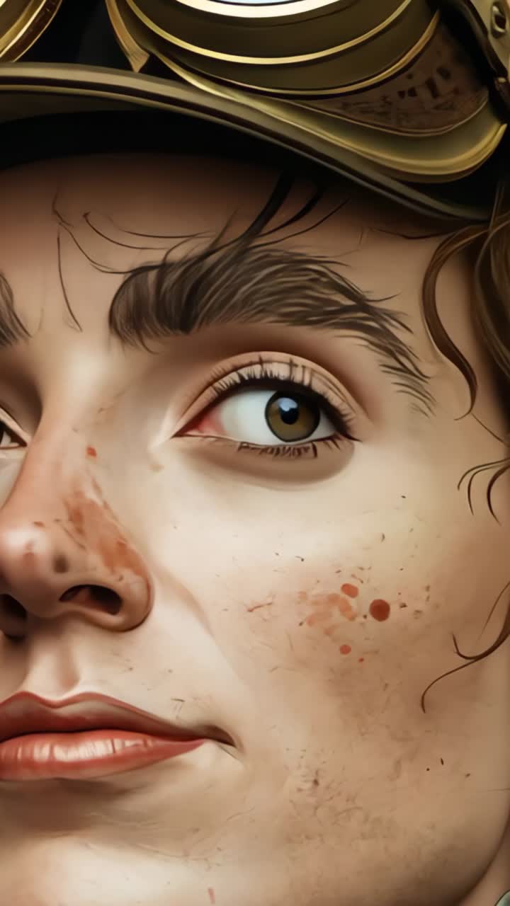 Vertical video: Opening shot panning over aviator portrait in studio showing goggles, helmet