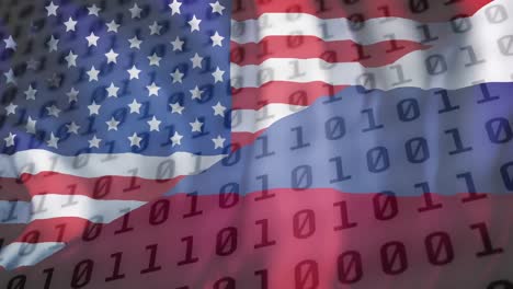 animación de codificación binaria sobre la bandera de rusia y los estados unidos de américa