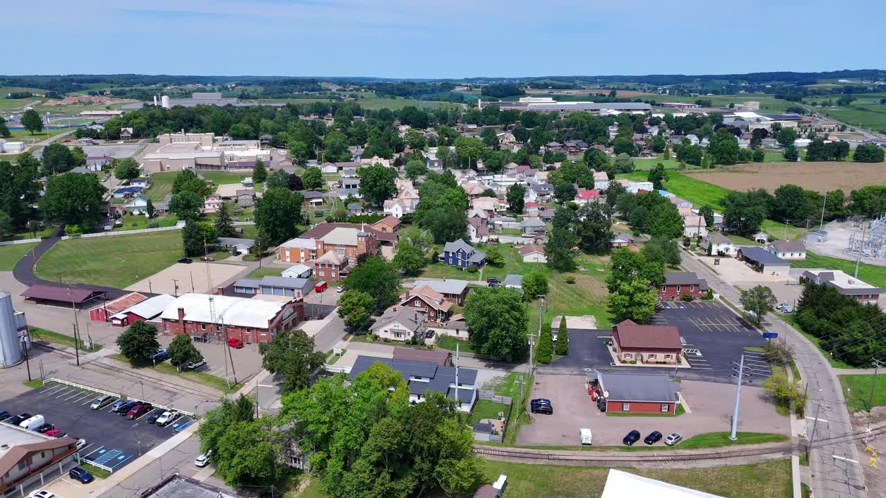 Downtown Sugar Creek, Ohio aerial view showing small town buildings in Midwest