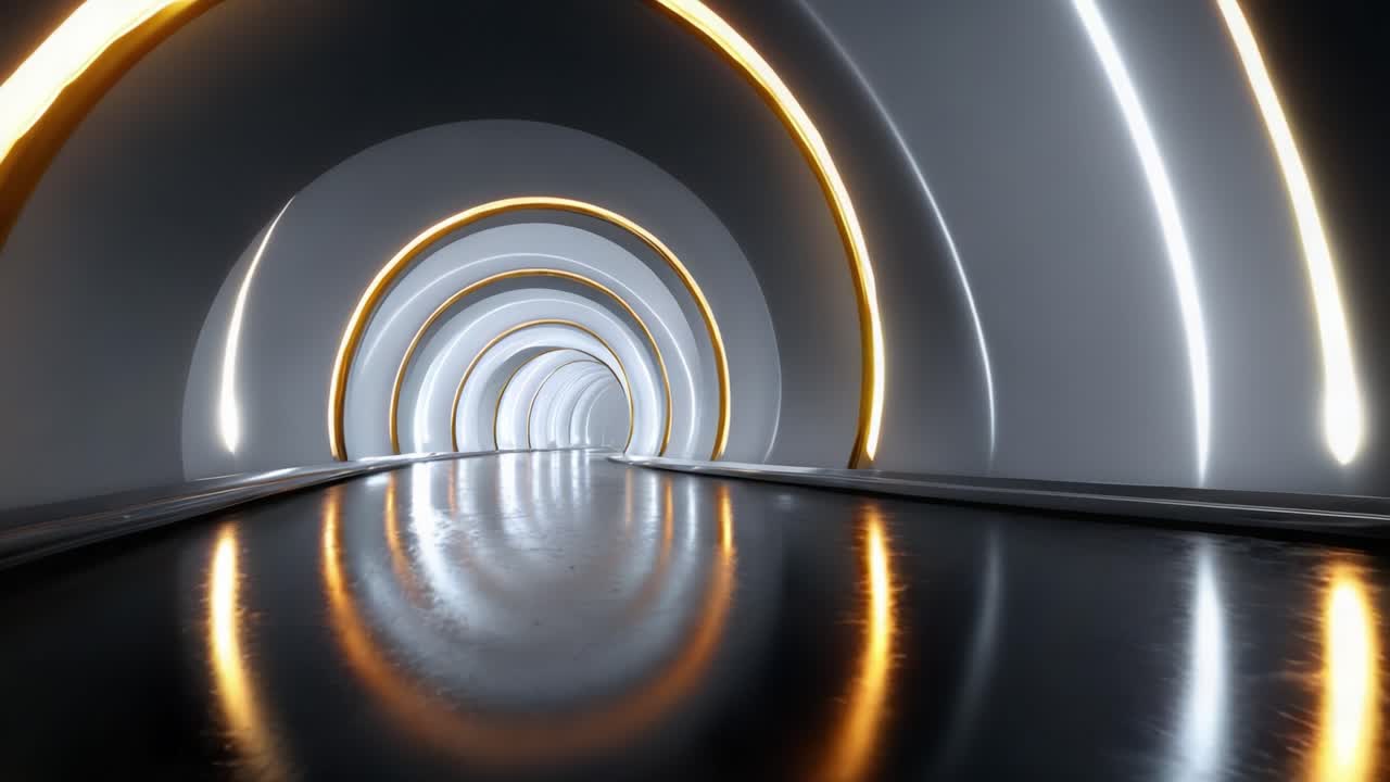 Futuristisk tunneldesign med glødende effekter og reflekterende gulv skaber en stemningsfuld belysning i et moderne arkitektonisk rum