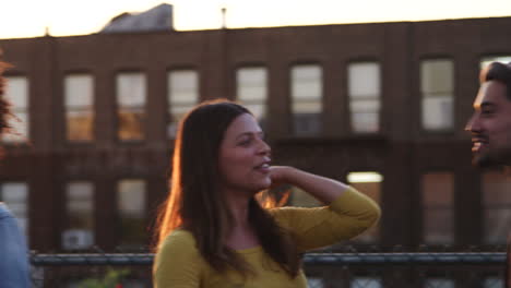 two couples talking on a brooklyn rooftop at sunset